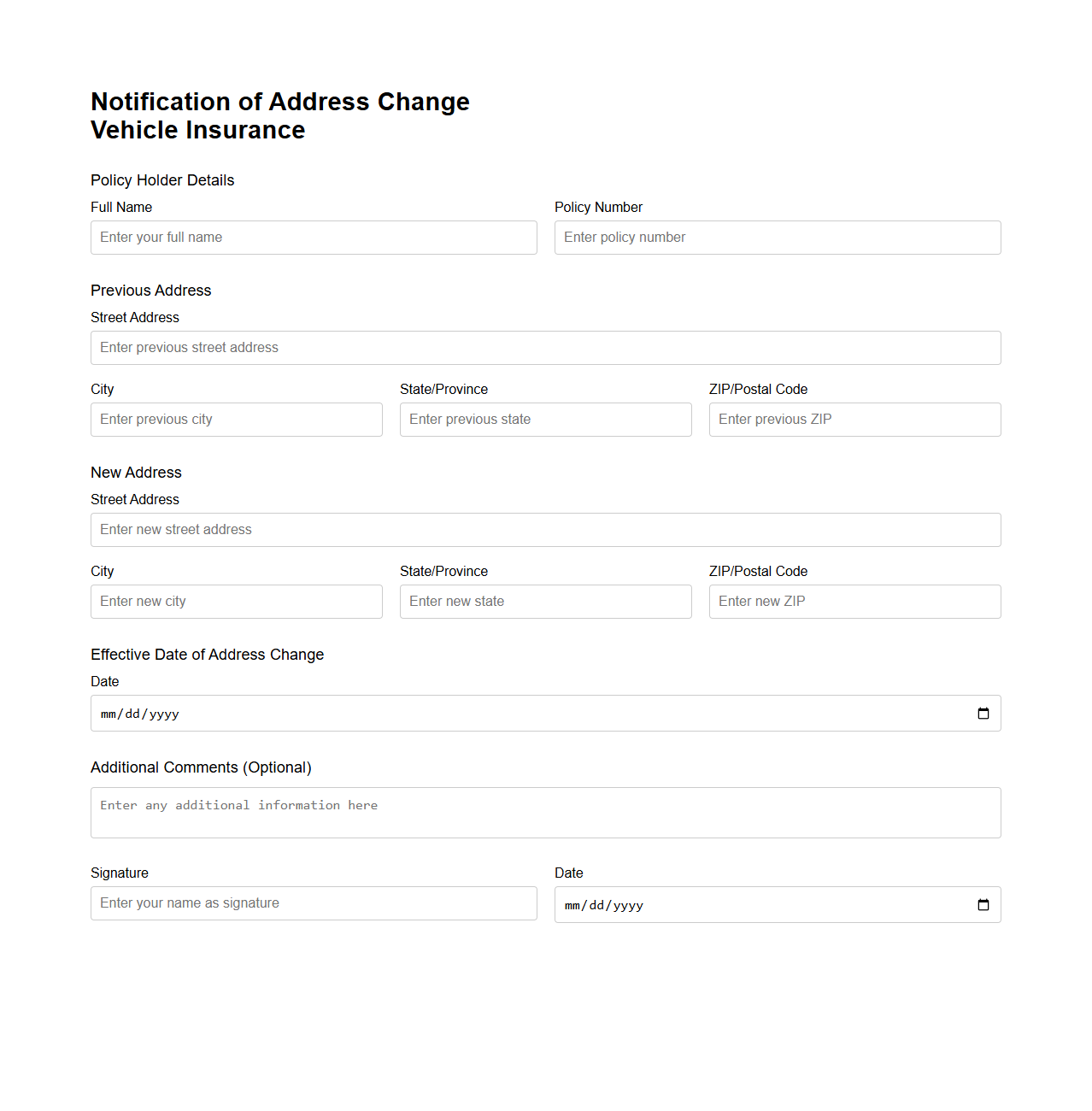 Notification of Address Change for Vehicle Insurance