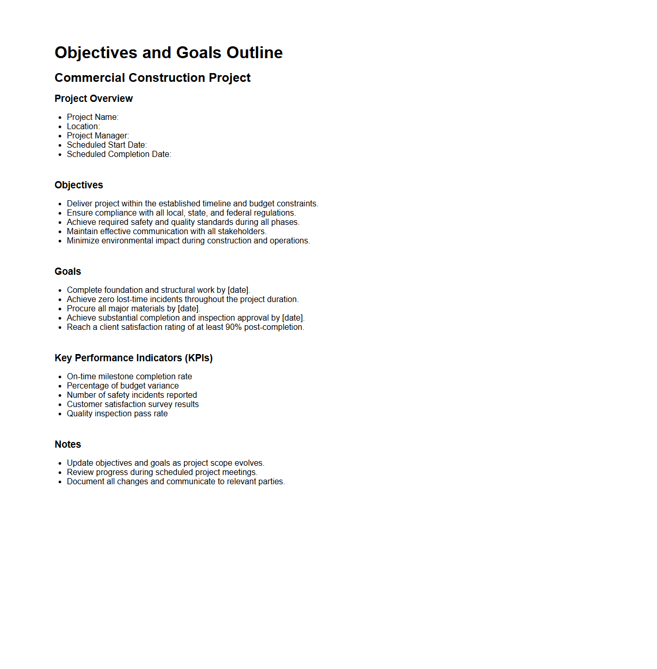 Objectives and Goals Outline for Commercial Construction Project
