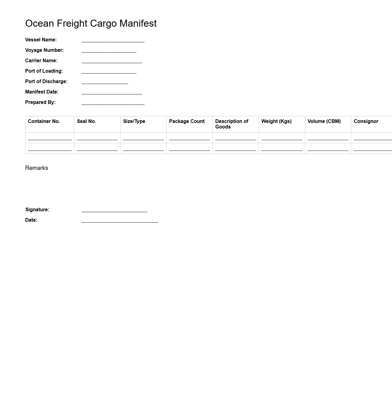 Ocean Freight Cargo Manifest Template