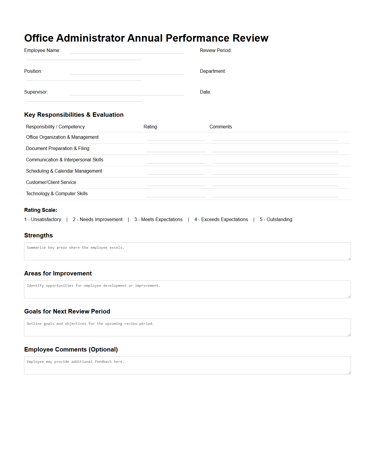 Office Administrator Annual Performance Review Example