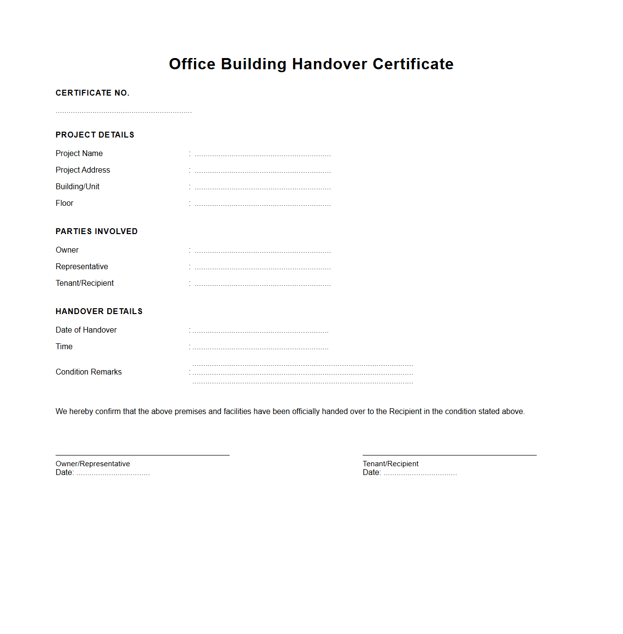 Office Building Handover Certificate Draft