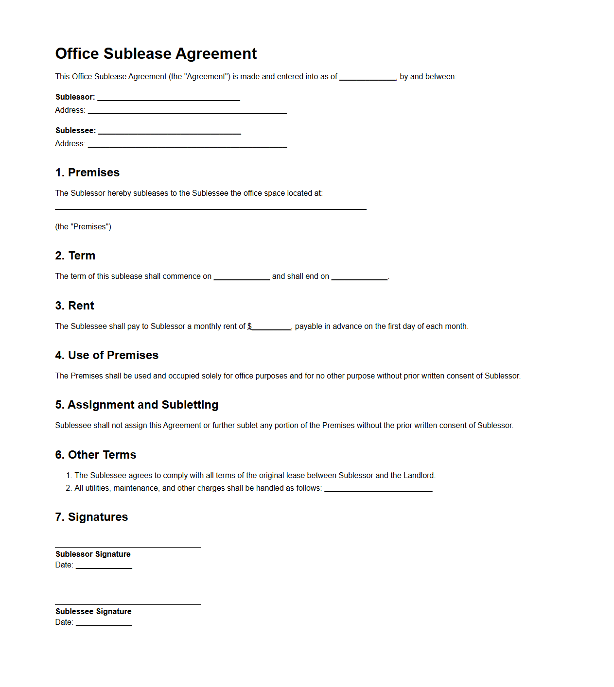 Office Sublease Agreement Document