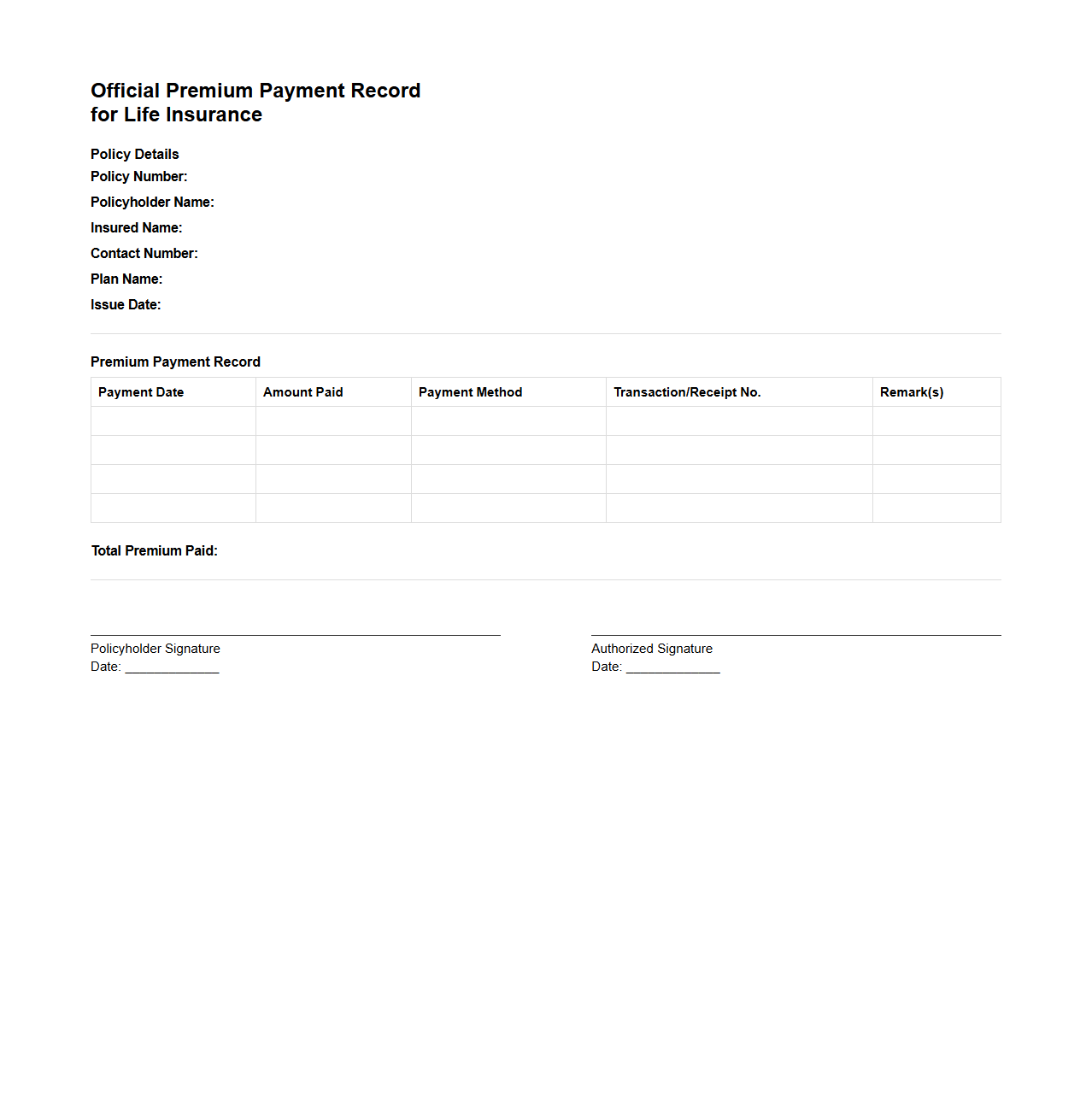 Official Premium Payment Record for Life Insurance