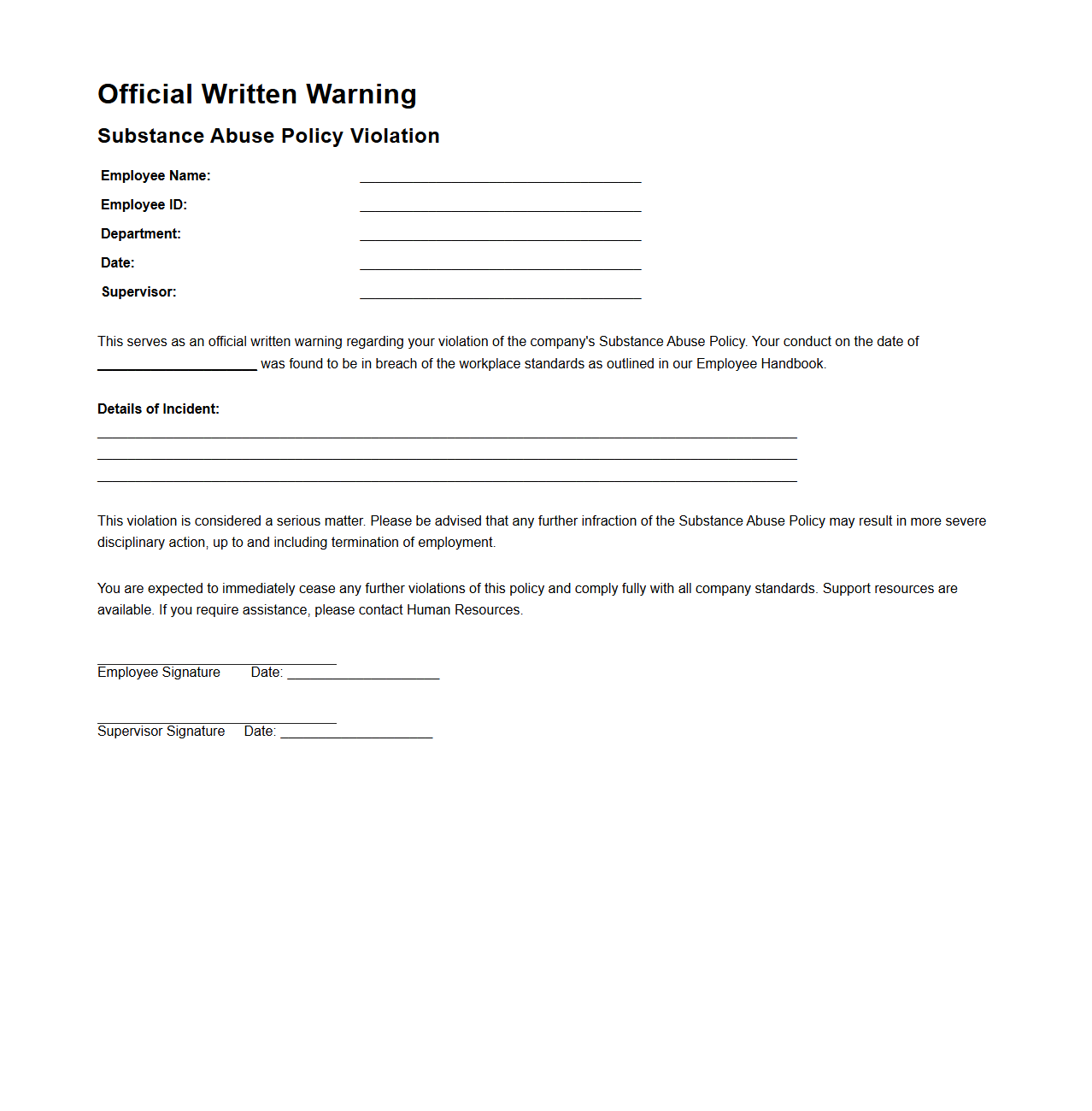 Official Written Warning for Substance Abuse Policy Violation