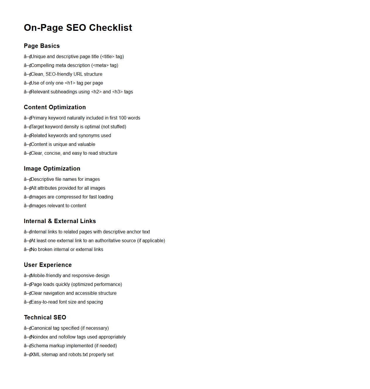On-Page SEO Checklist Document Sample