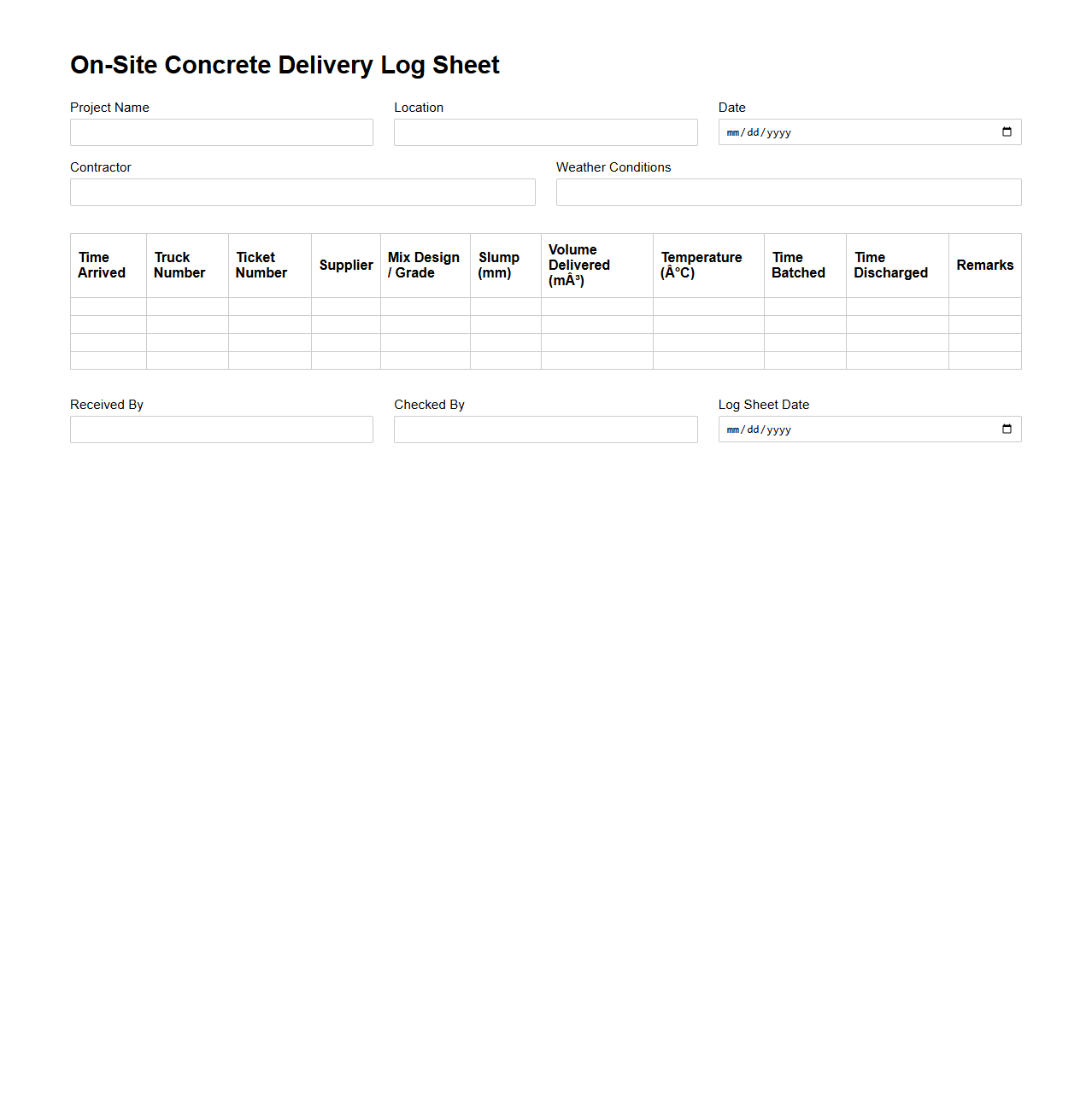 On-Site Concrete Delivery Log Sheet