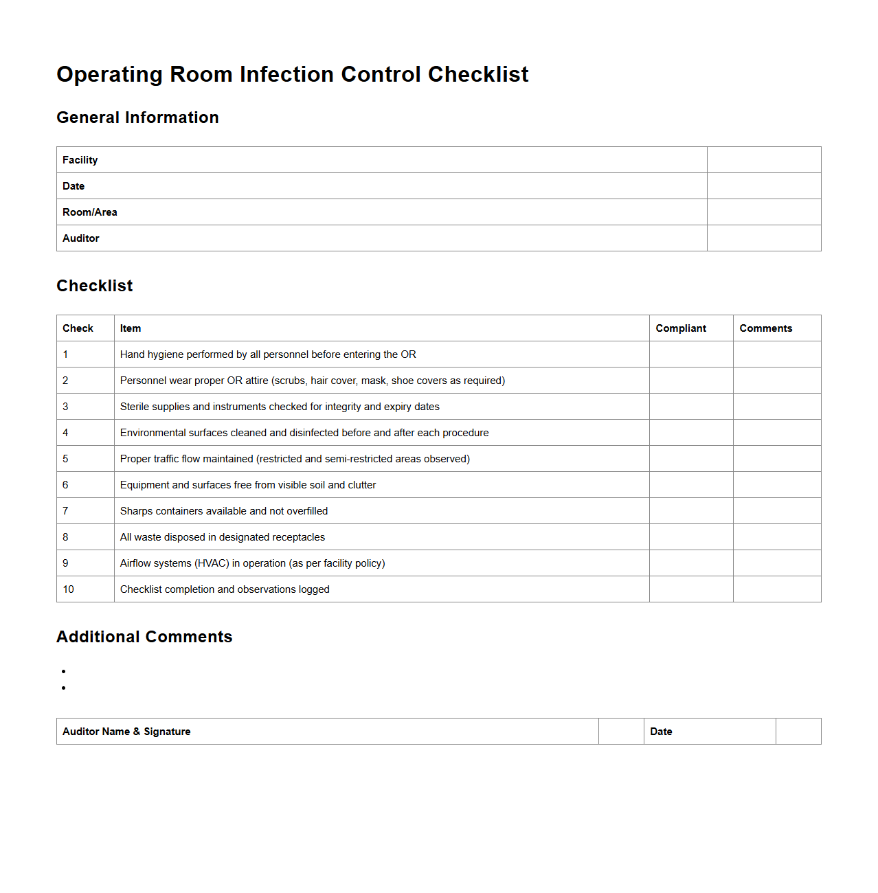 Operating Room Infection Control Checklist Sample