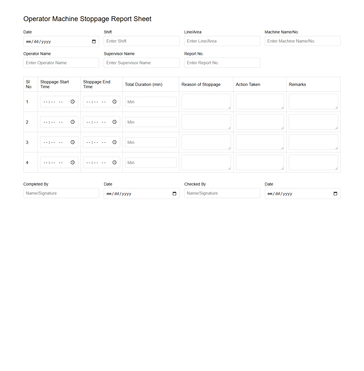 Operator Machine Stoppage Report Sheet