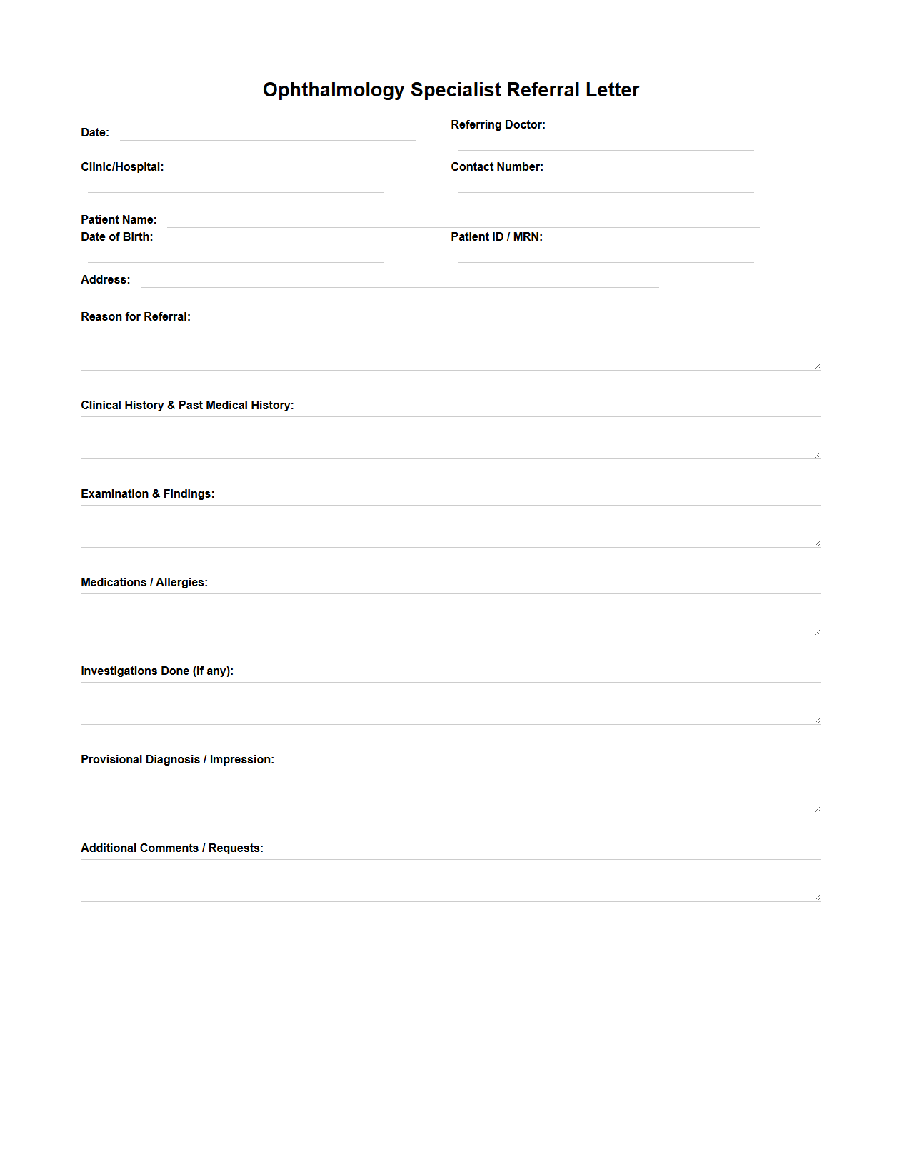 Ophthalmology Specialist Referral Letter Template