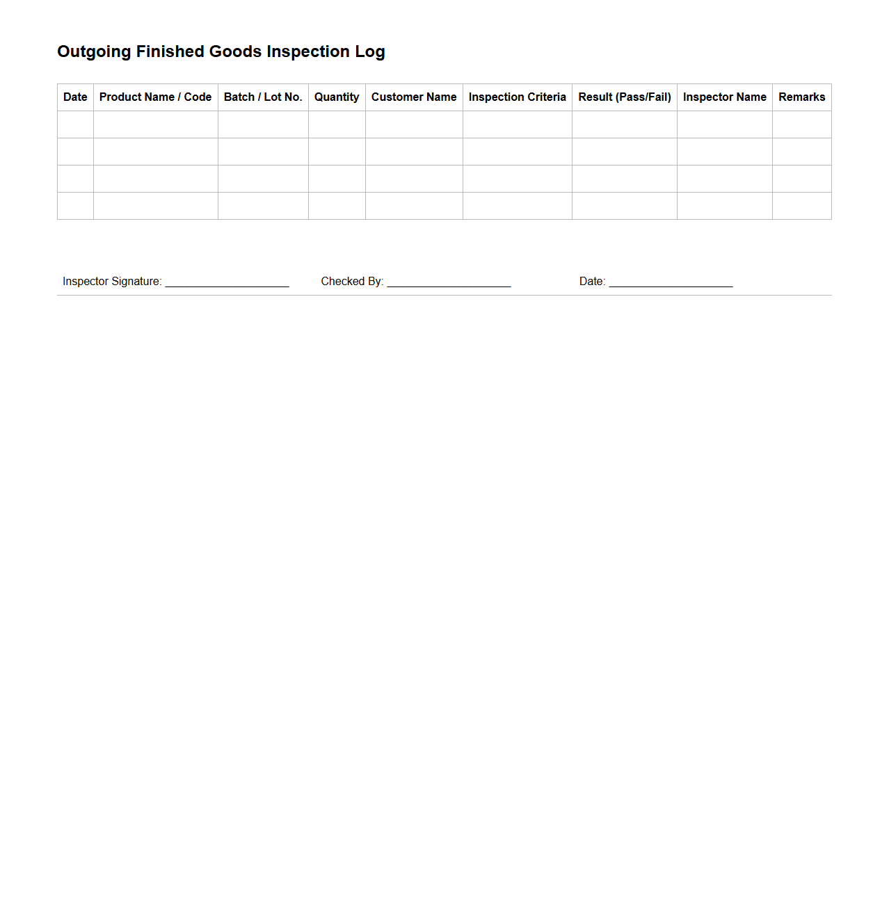 Outgoing Finished Goods Inspection Log