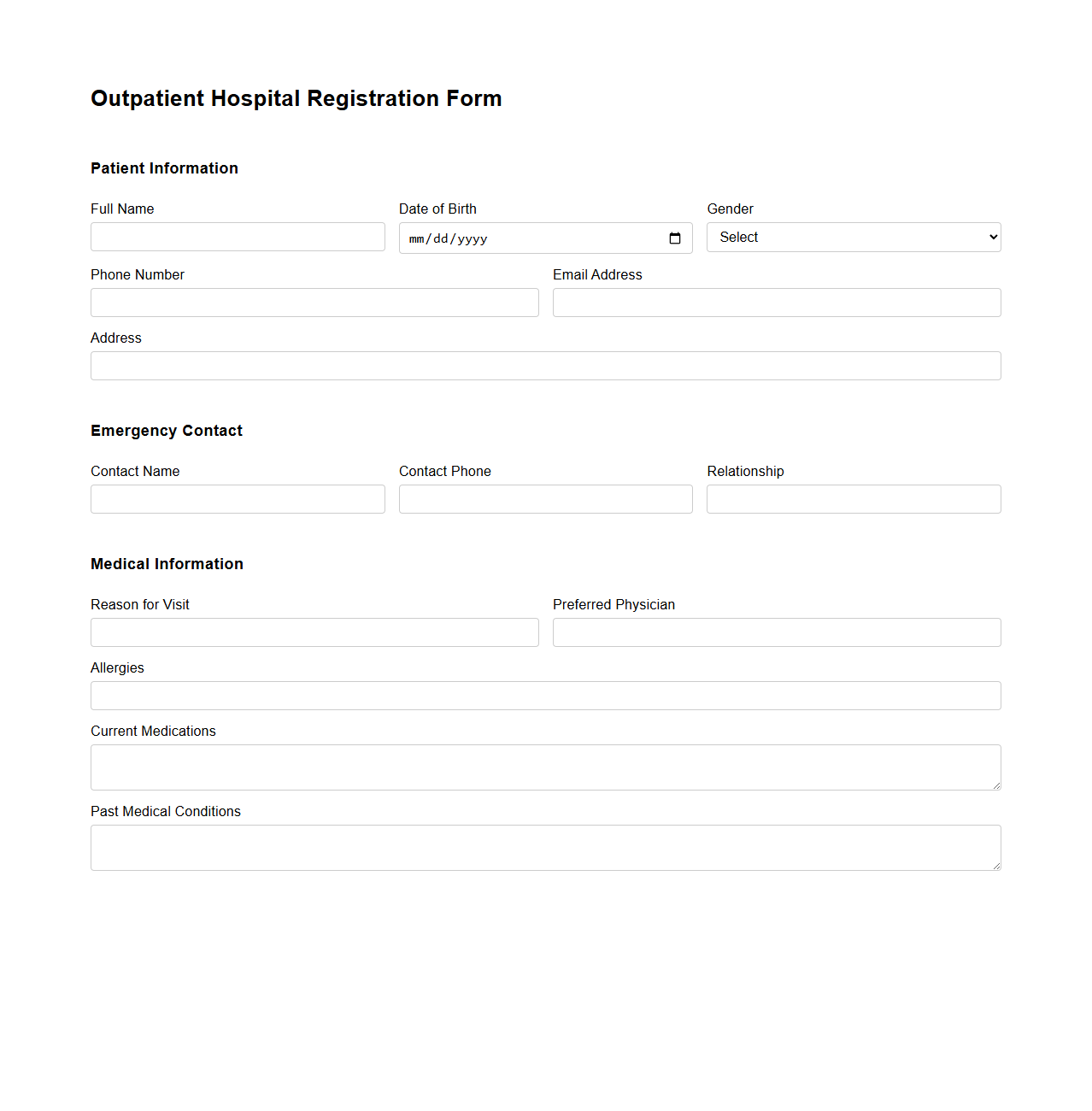 Outpatient Hospital Registration Form Template