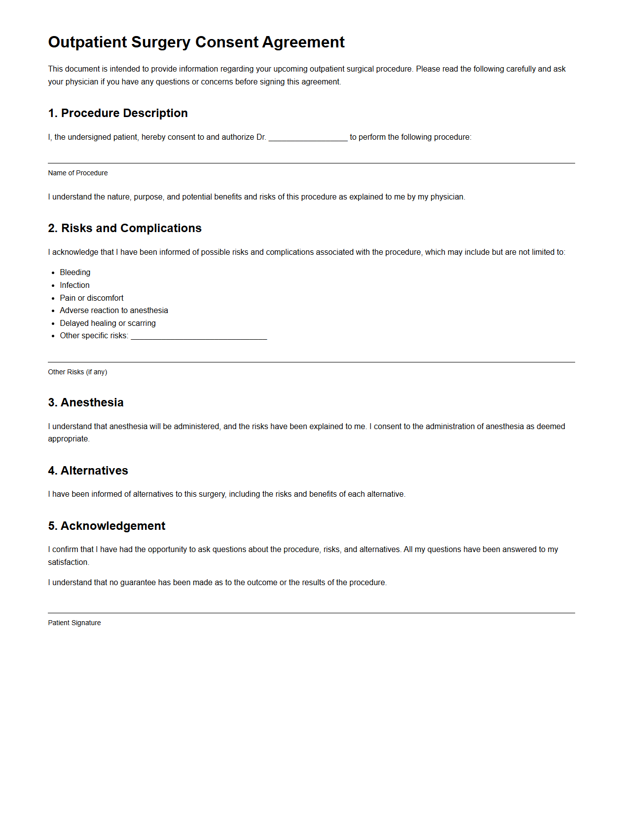 Outpatient Surgery Consent Agreement