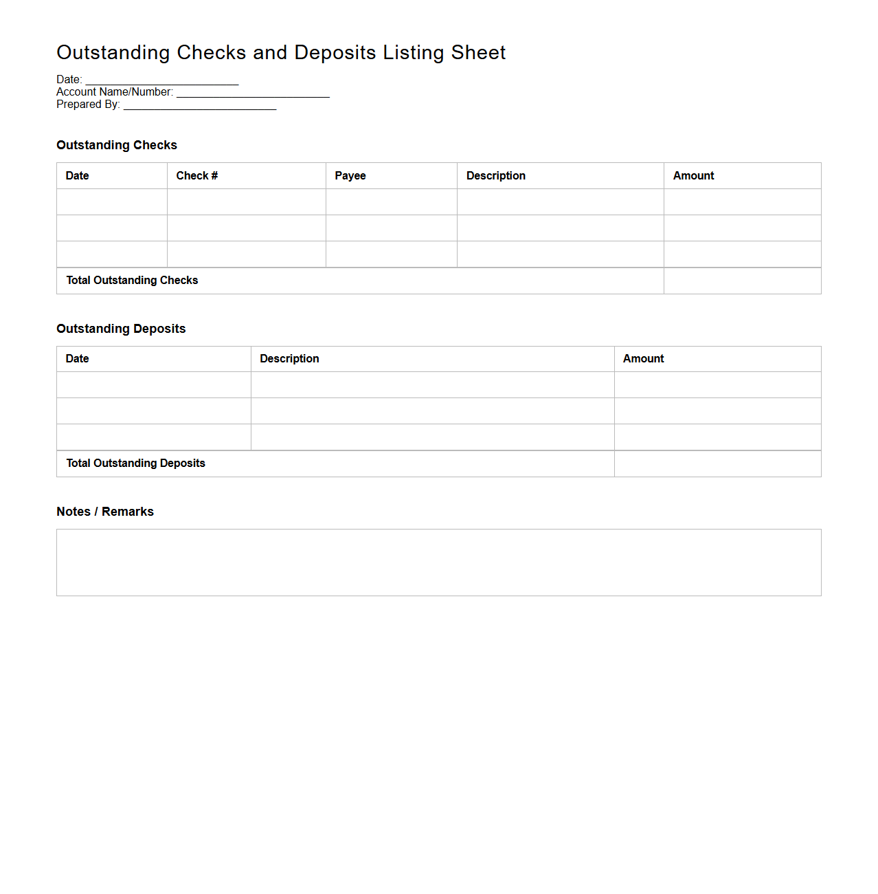 Outstanding Checks and Deposits Listing Sheet