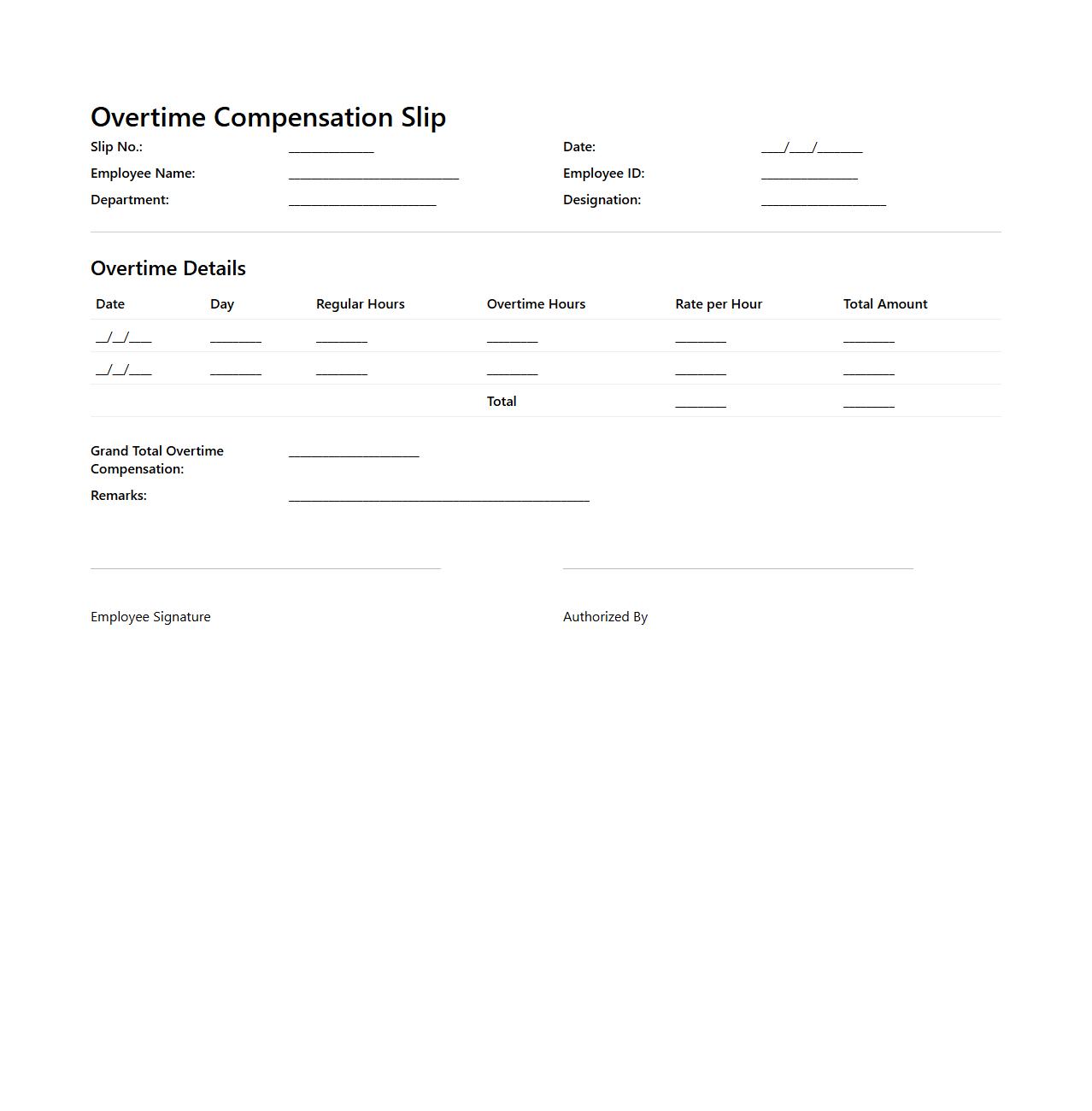 Overtime Compensation Slip Sample