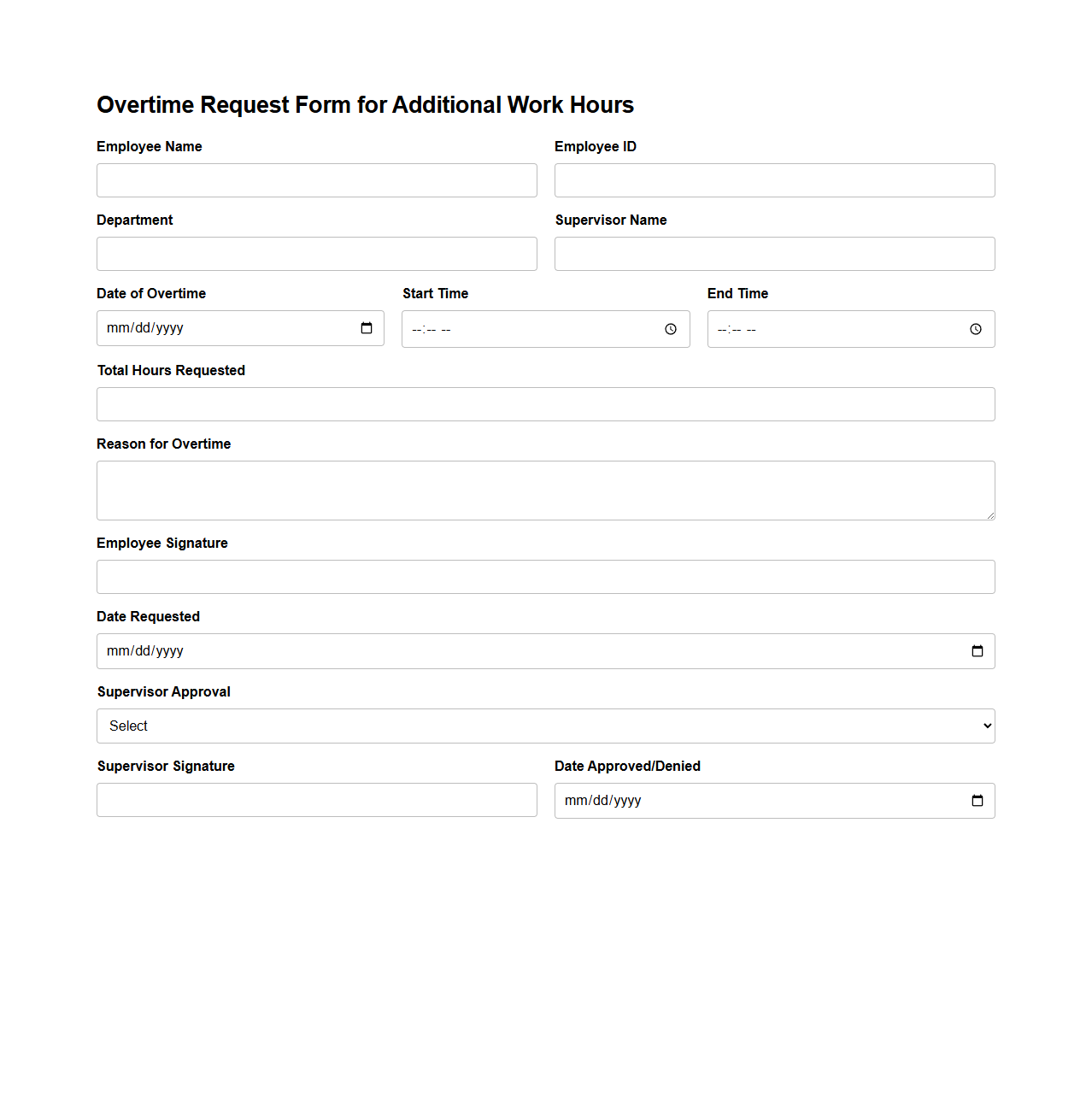 Overtime Request Form for Additional Work Hours