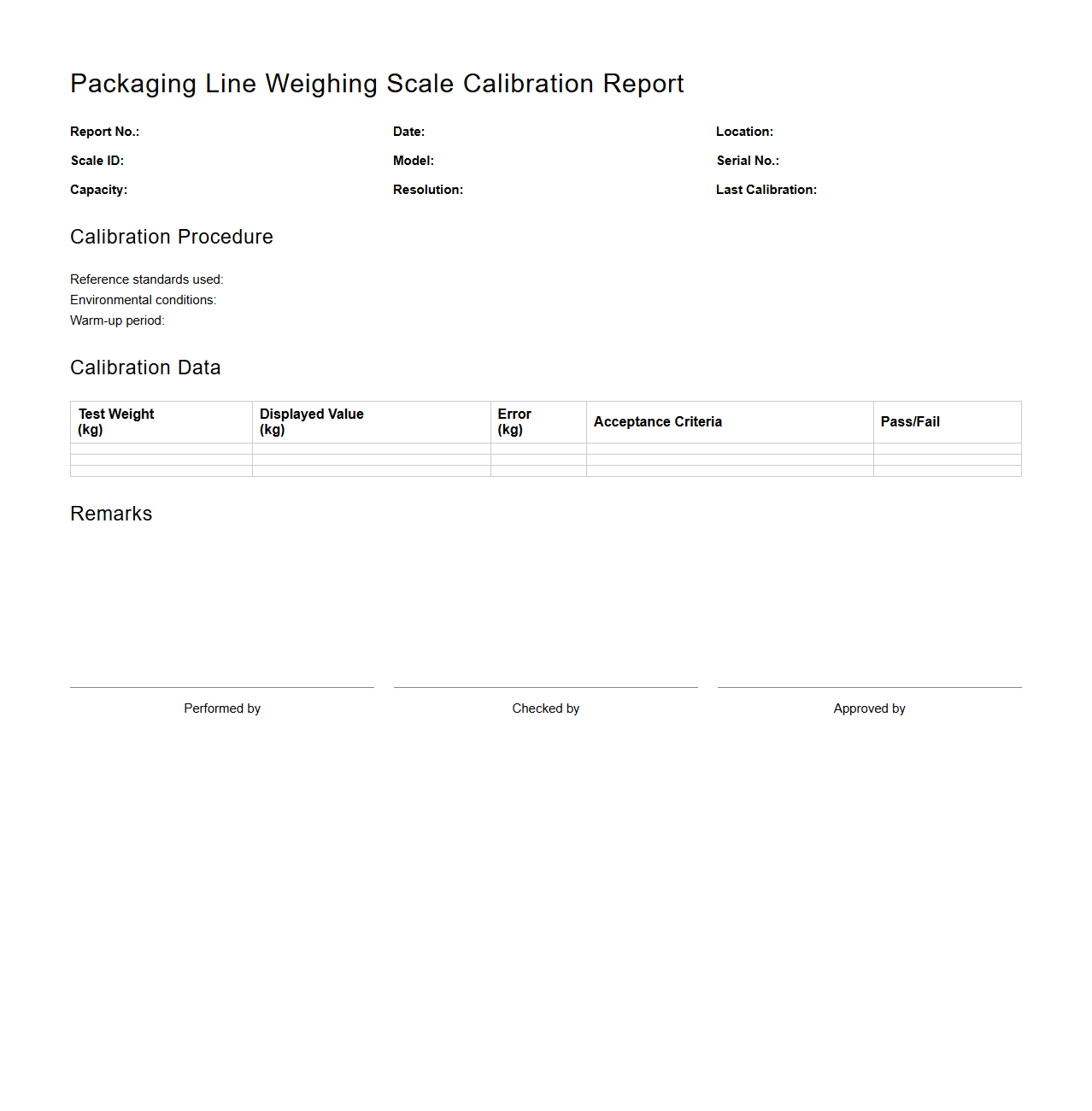 Packaging Line Weighing Scale Calibration Report