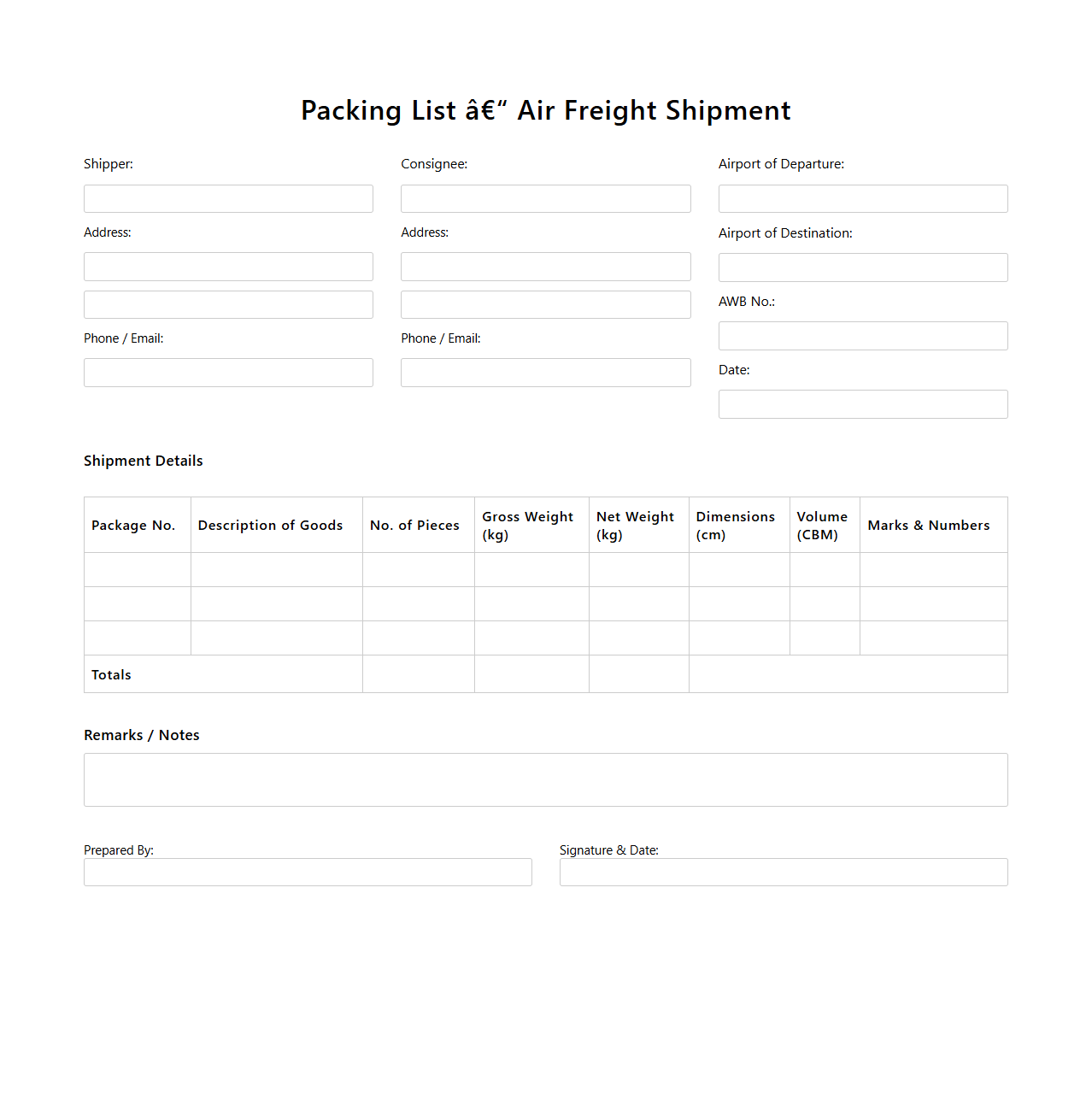 Packing List Template for Air Freight Shipments