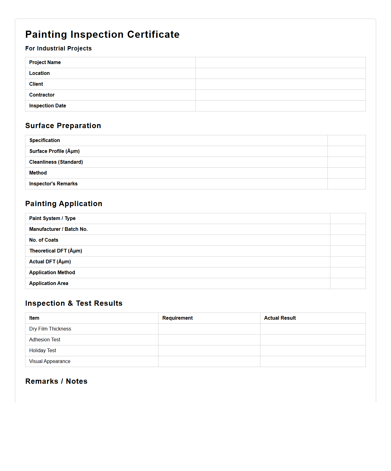Painting Inspection Certificate Example for Industrial Projects