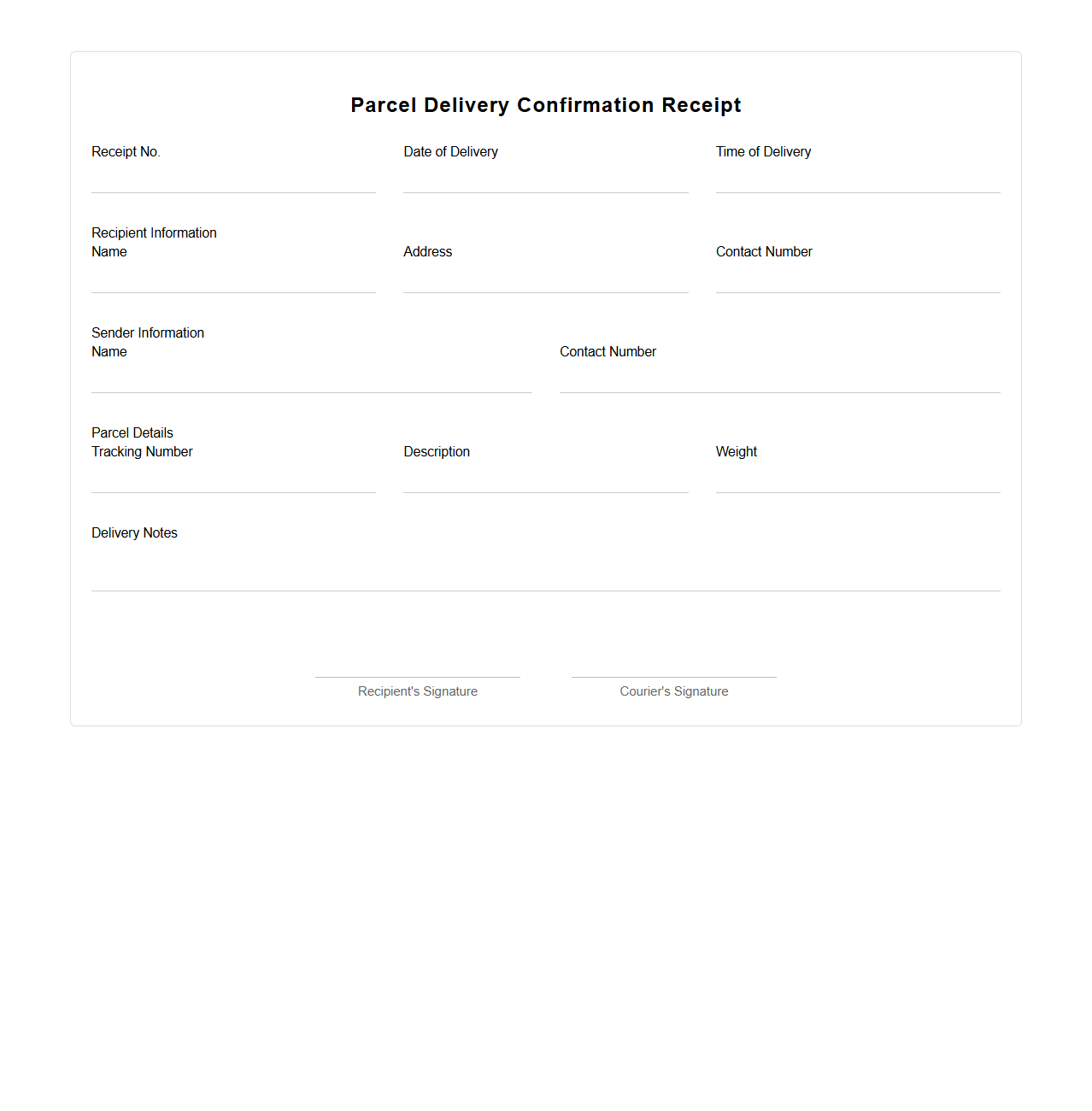 Parcel Delivery Confirmation Receipt Sample