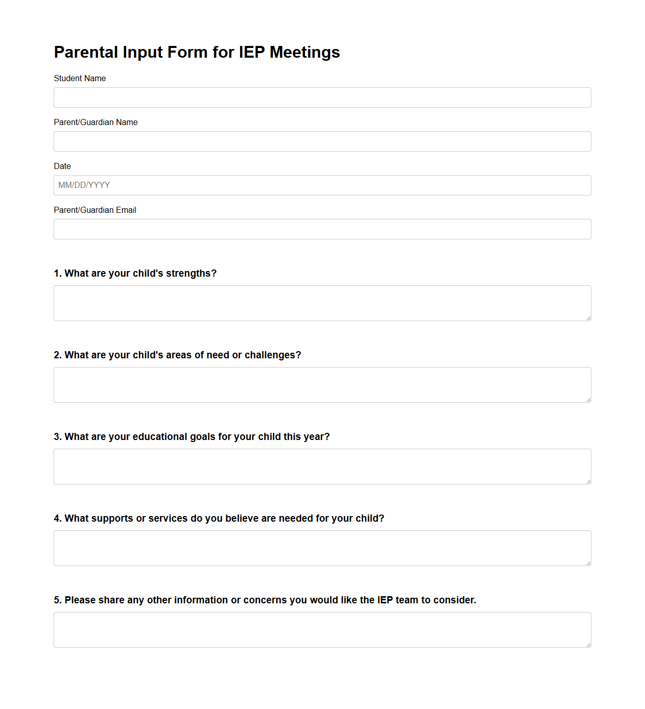 Parental Input Form for IEP Meetings
