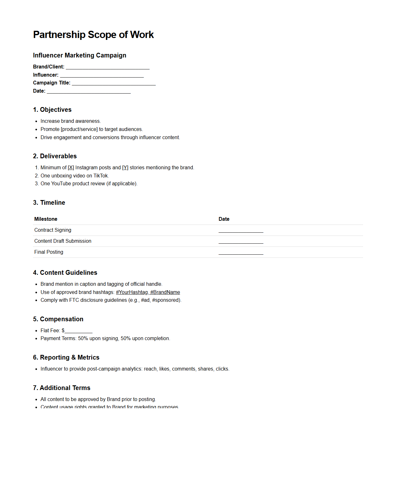 Partnership Scope of Work Sample for Influencer Marketing