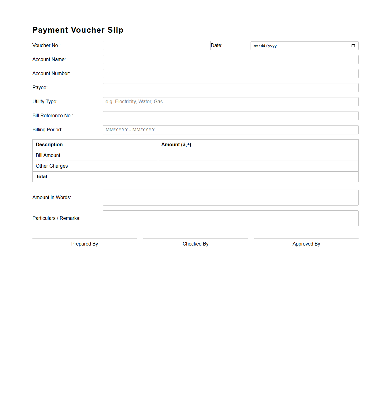 Payment Voucher Slip for Utility Bill Settlement