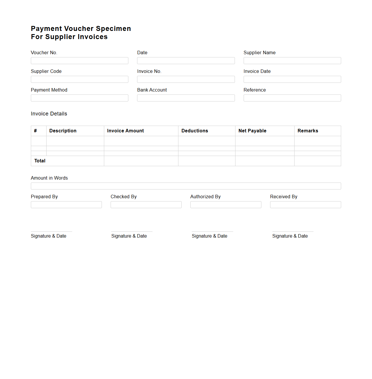 Payment Voucher Specimen for Supplier Invoices