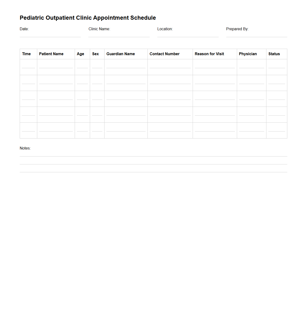 Pediatric Outpatient Clinic Appointment Schedule Template