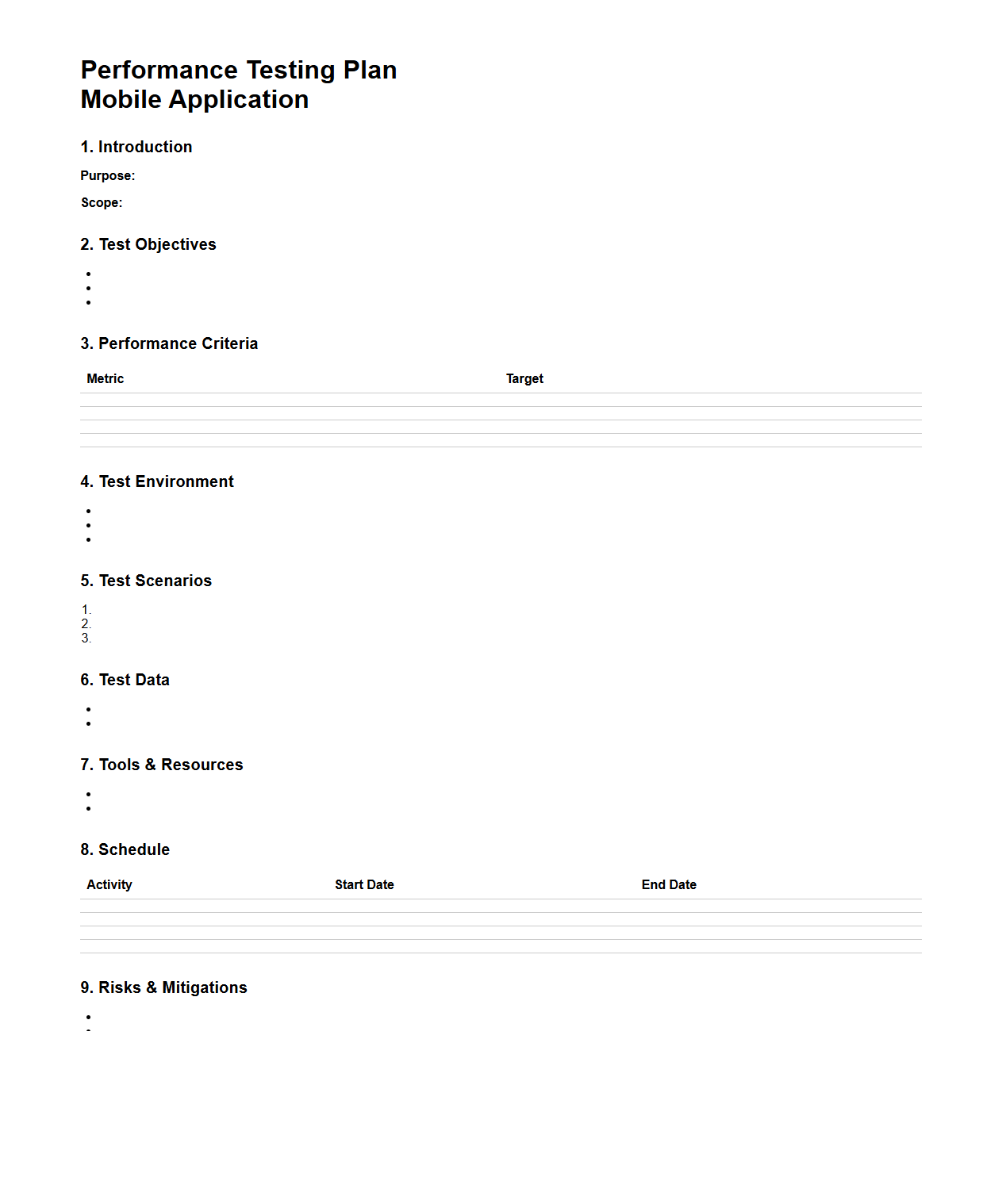 Performance Testing Plan Format for Mobile Apps