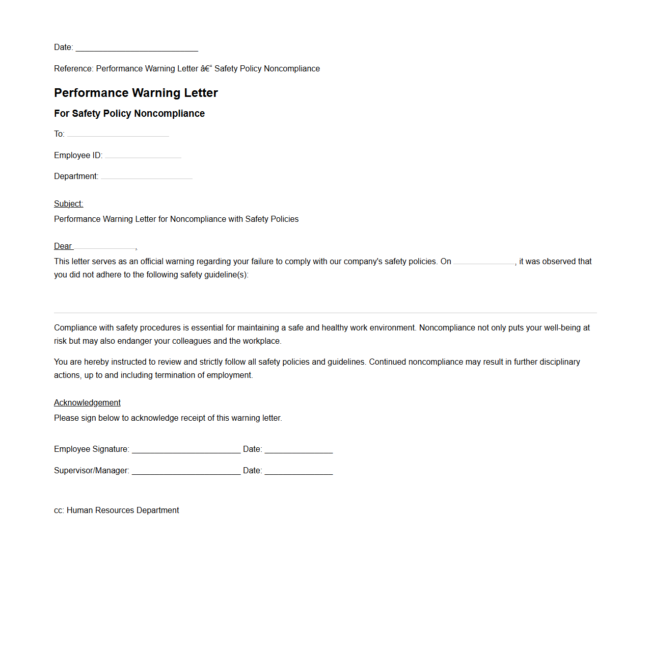 Performance Warning Letter for Safety Policy Noncompliance