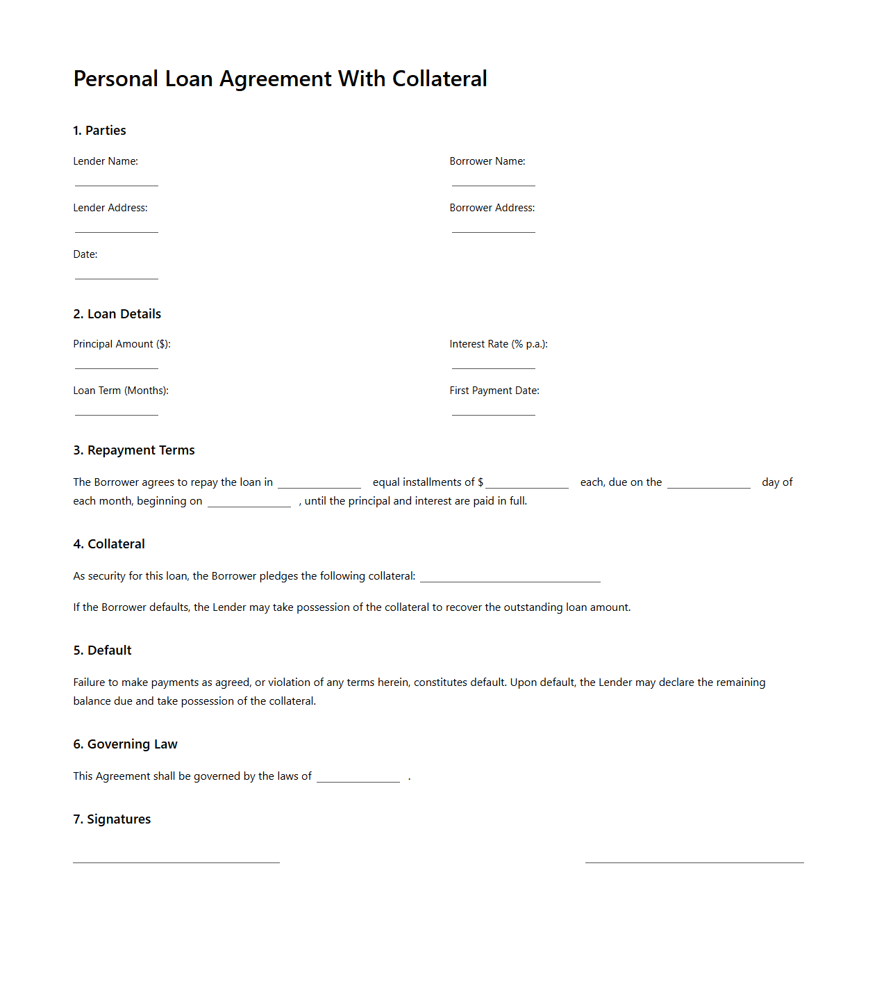 Personal Loan Agreement With Collateral Template