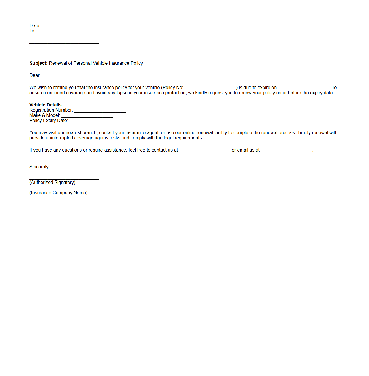 Personal Vehicle Insurance Renewal Letter Sample