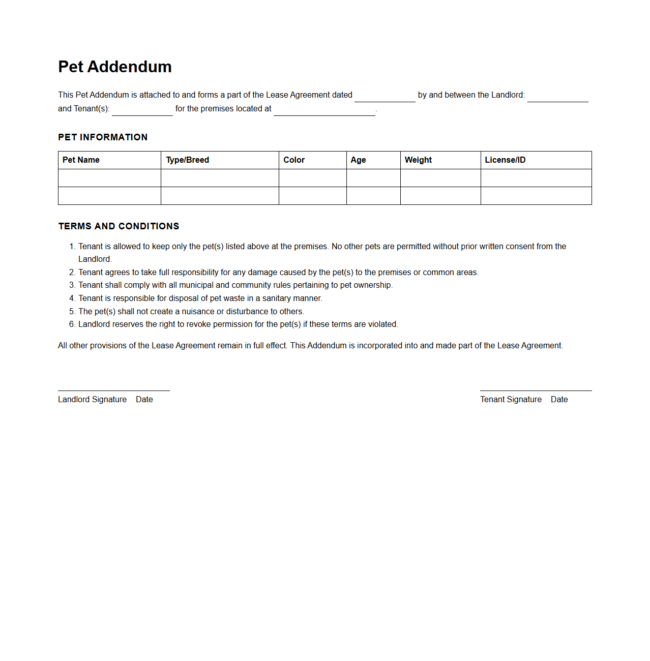 Pet Addendum Document Example