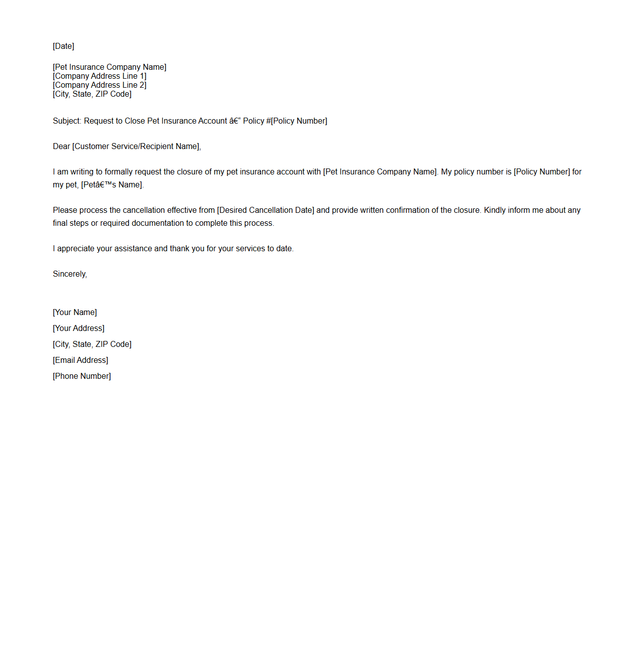Pet Insurance Account Closure Letter Sample