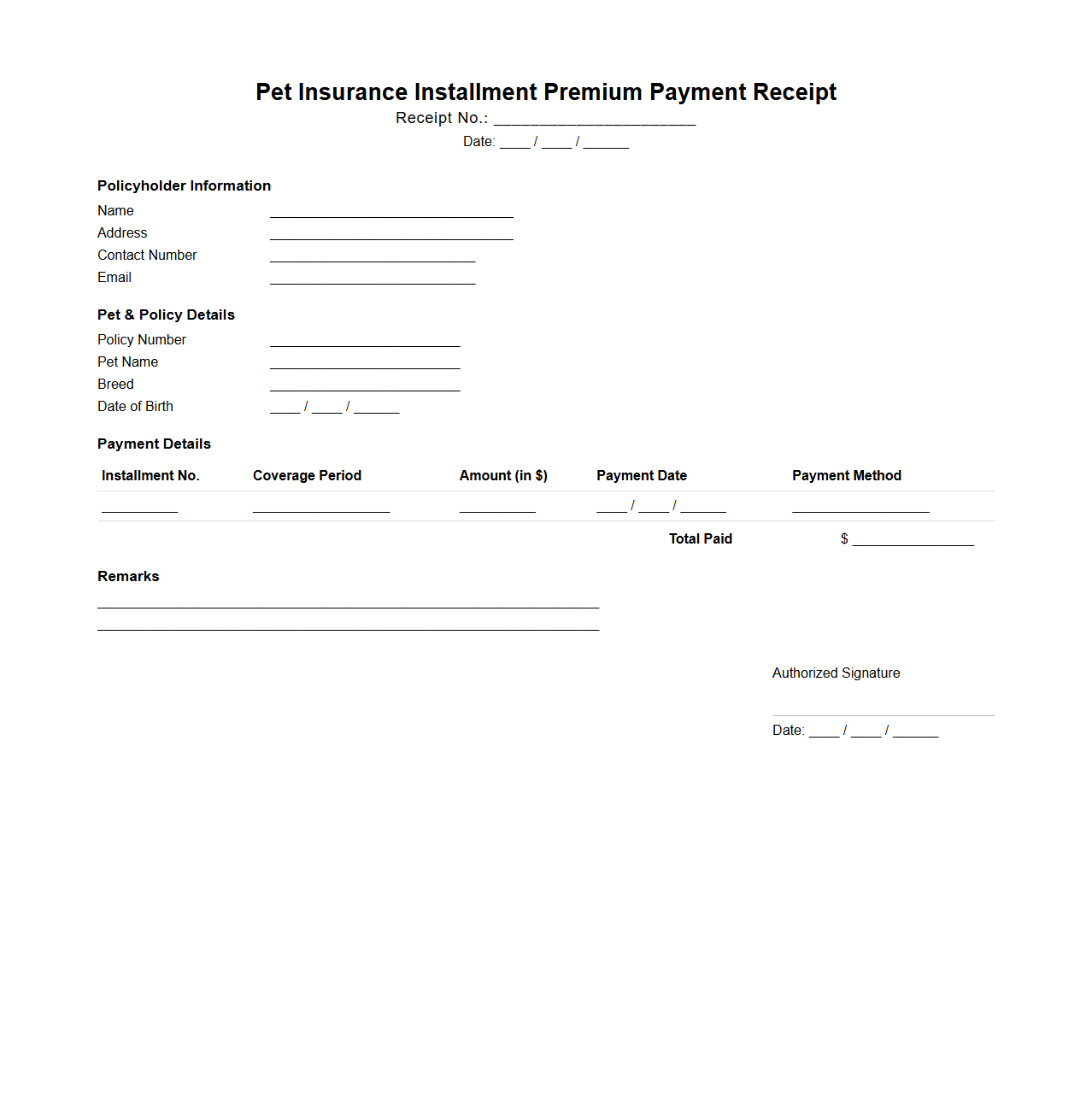 Pet Insurance Installment Premium Payment Receipt