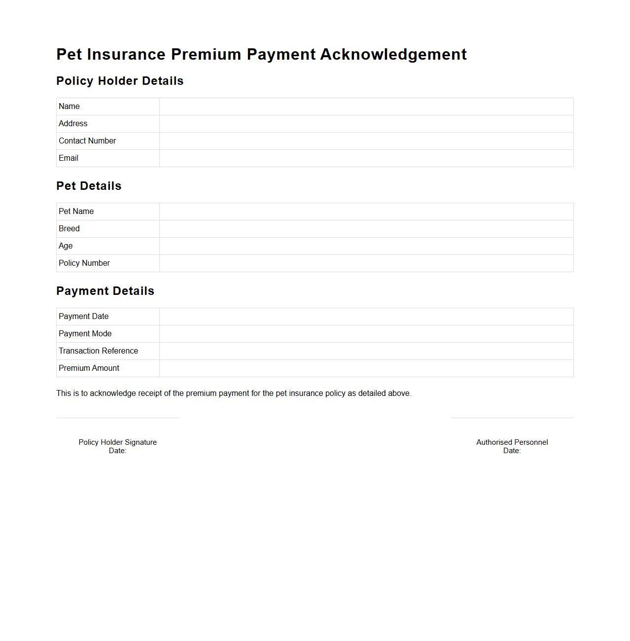Pet Insurance Premium Payment Acknowledgement