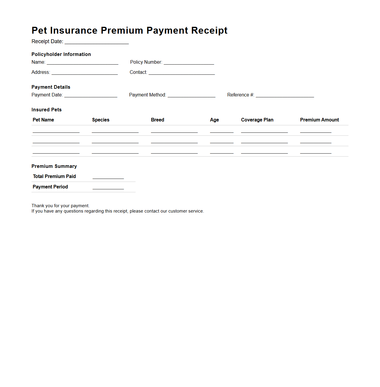 Pet Insurance Premium Payment Receipt for Multiple Pets