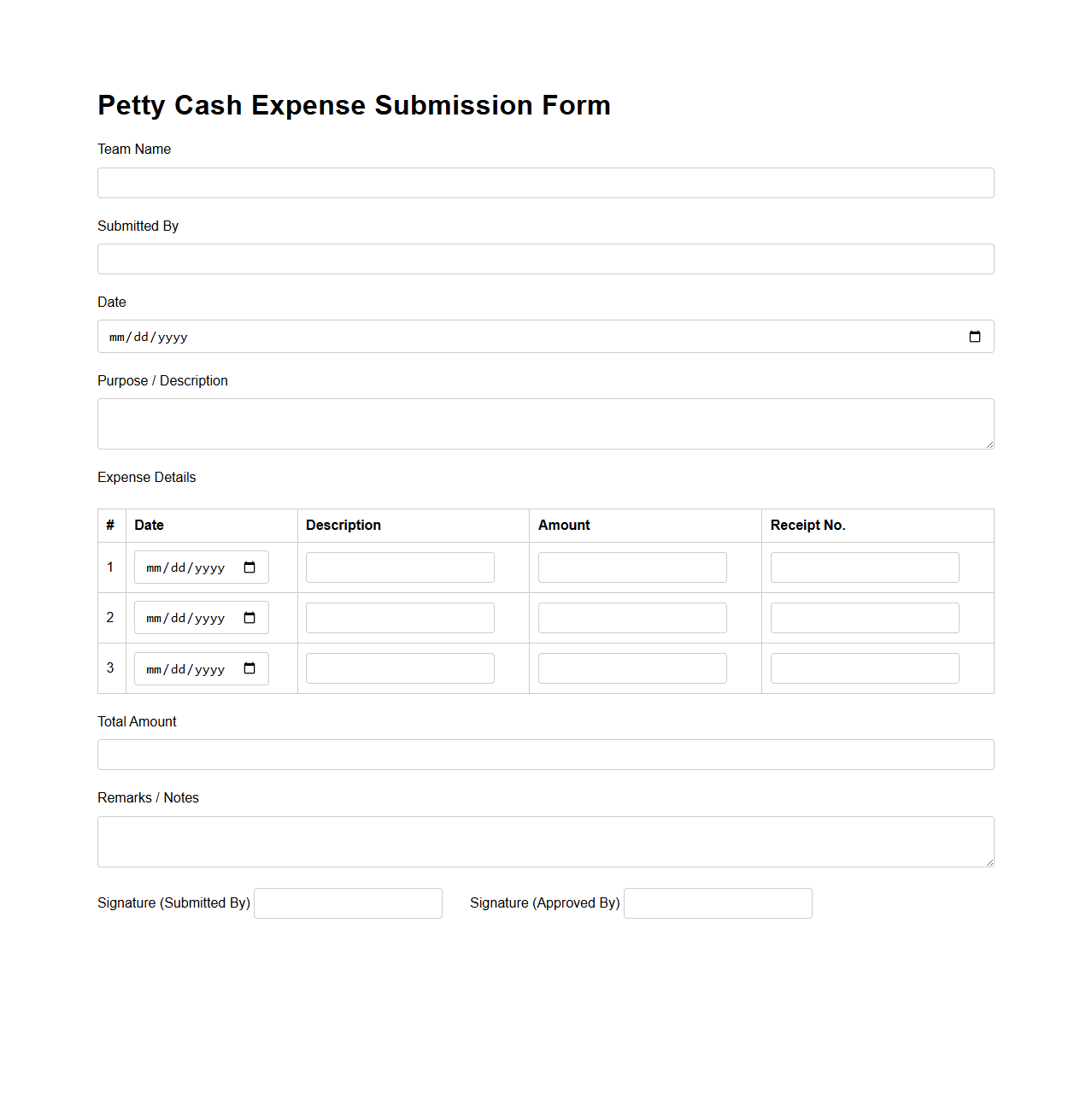 Petty Cash Expense Submission Form for Teams