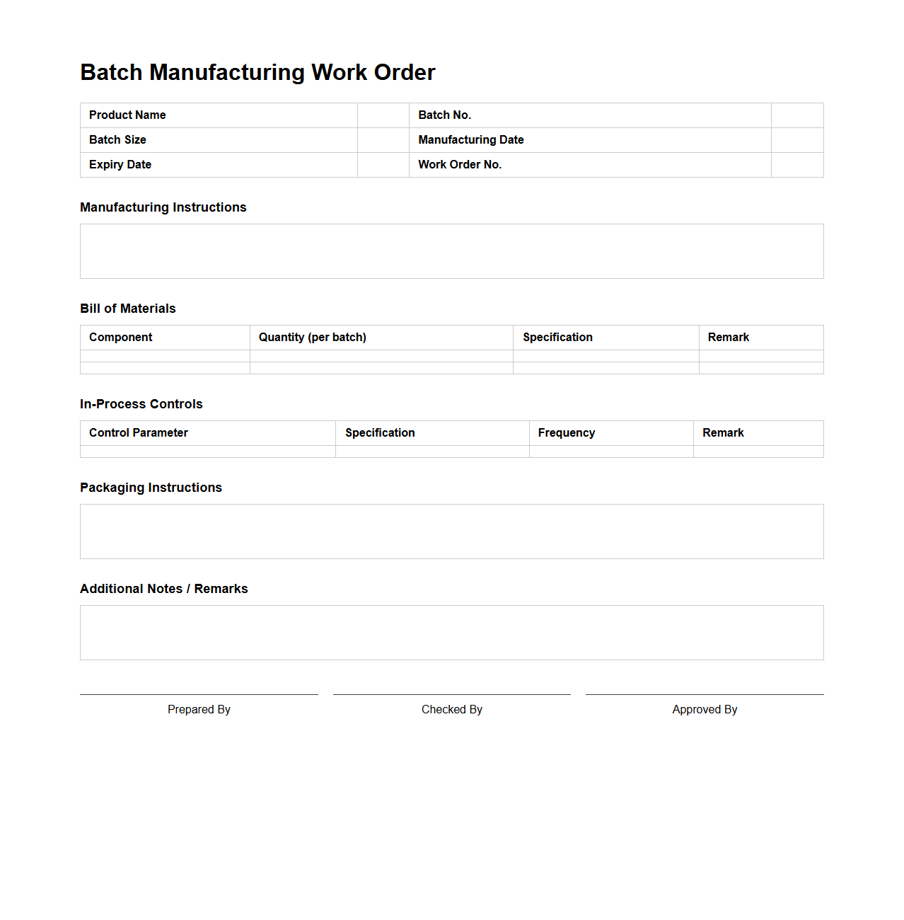 Pharmaceutical Batch Manufacturing Work Order