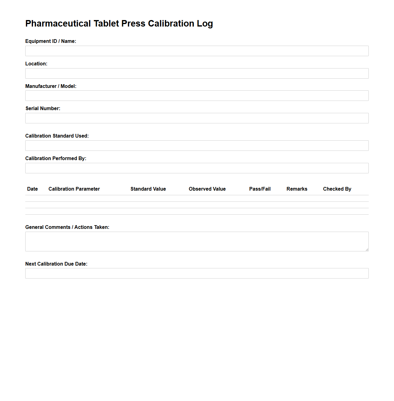 Pharmaceutical Tablet Press Calibration Log