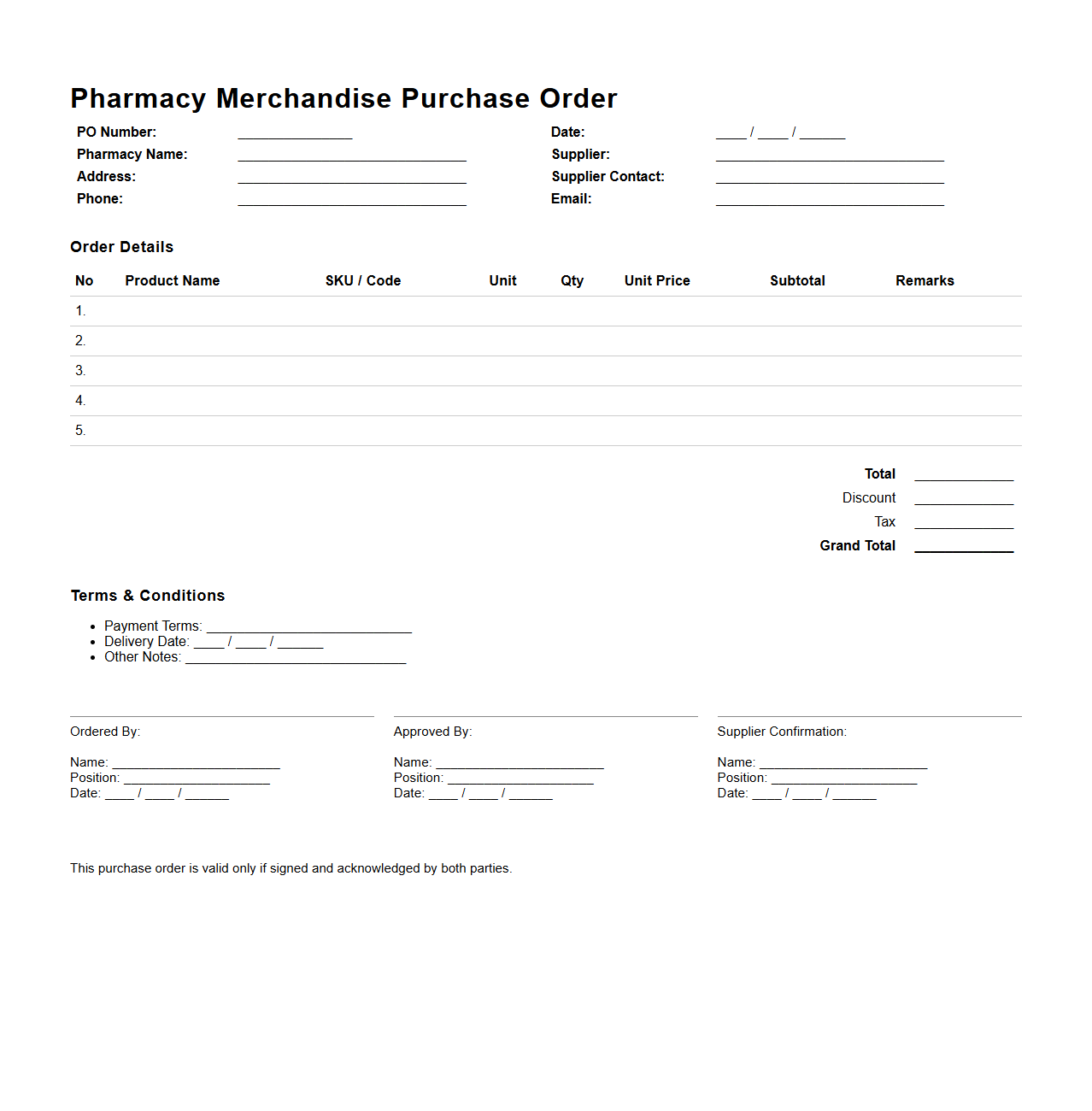 Pharmacy Merchandise Purchase Order Layout