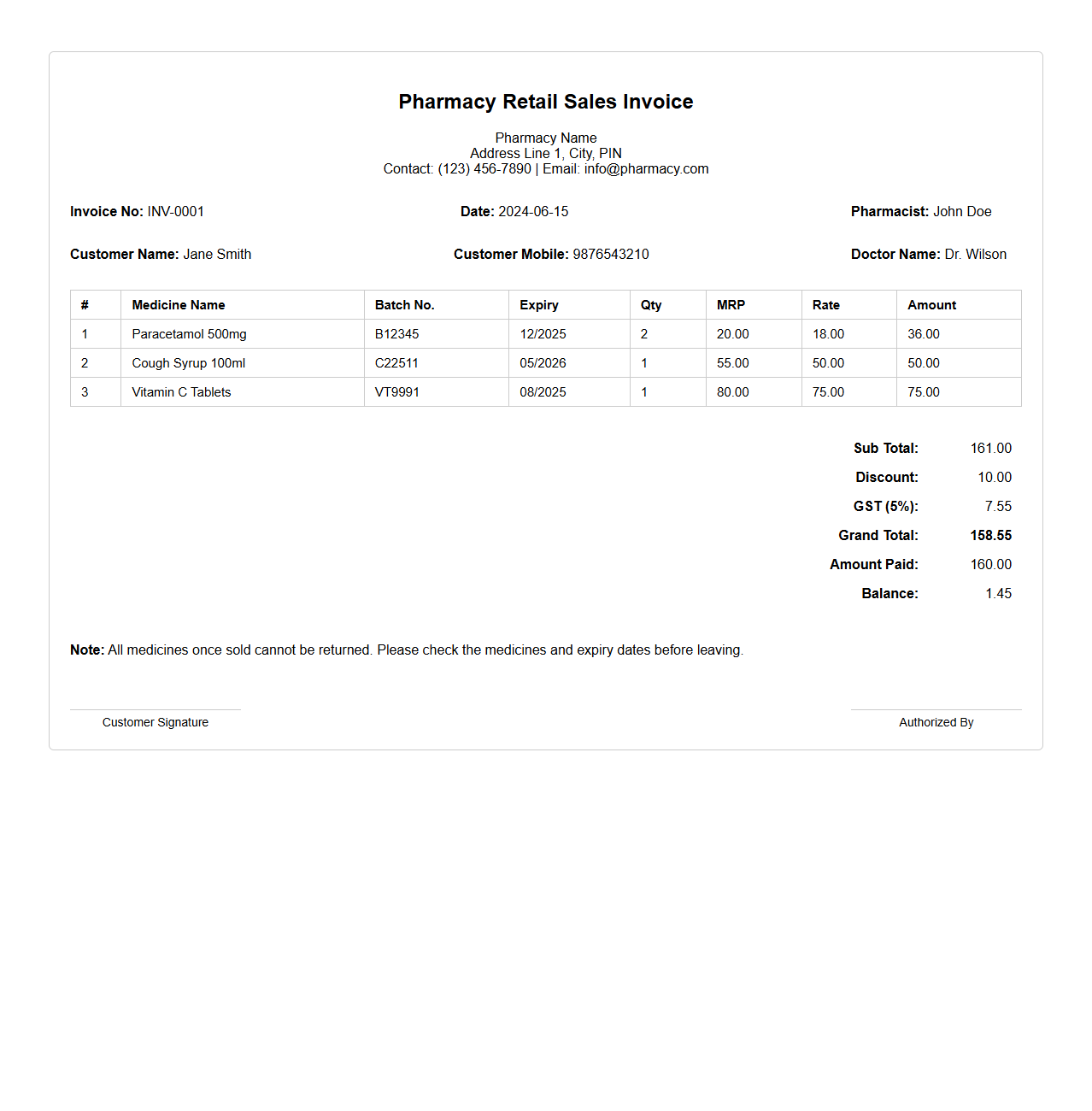 Pharmacy Retail Sales Invoice Sample