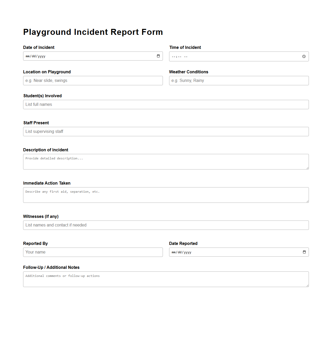 Playground Incident Report Template for School Staff
