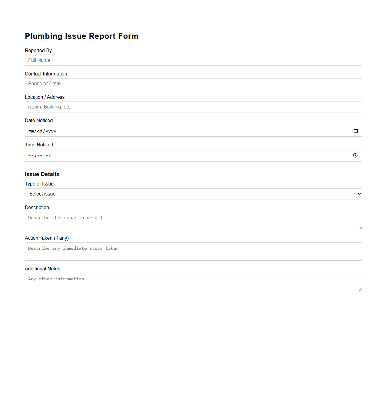 Plumbing Issue Report Form Sample