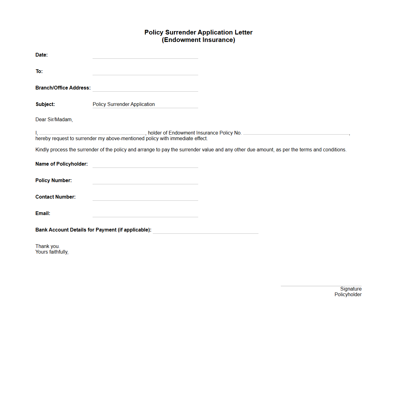 Policy Surrender Application Letter for Endowment Insurance