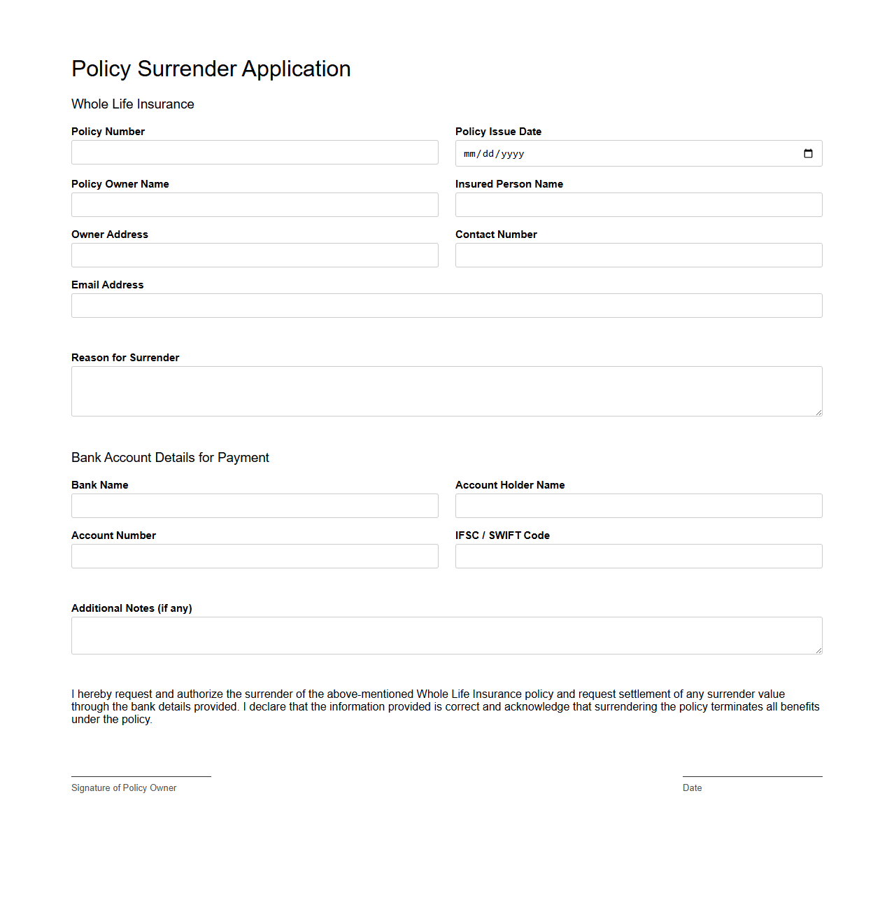 Policy Surrender Application for Whole Life Insurance