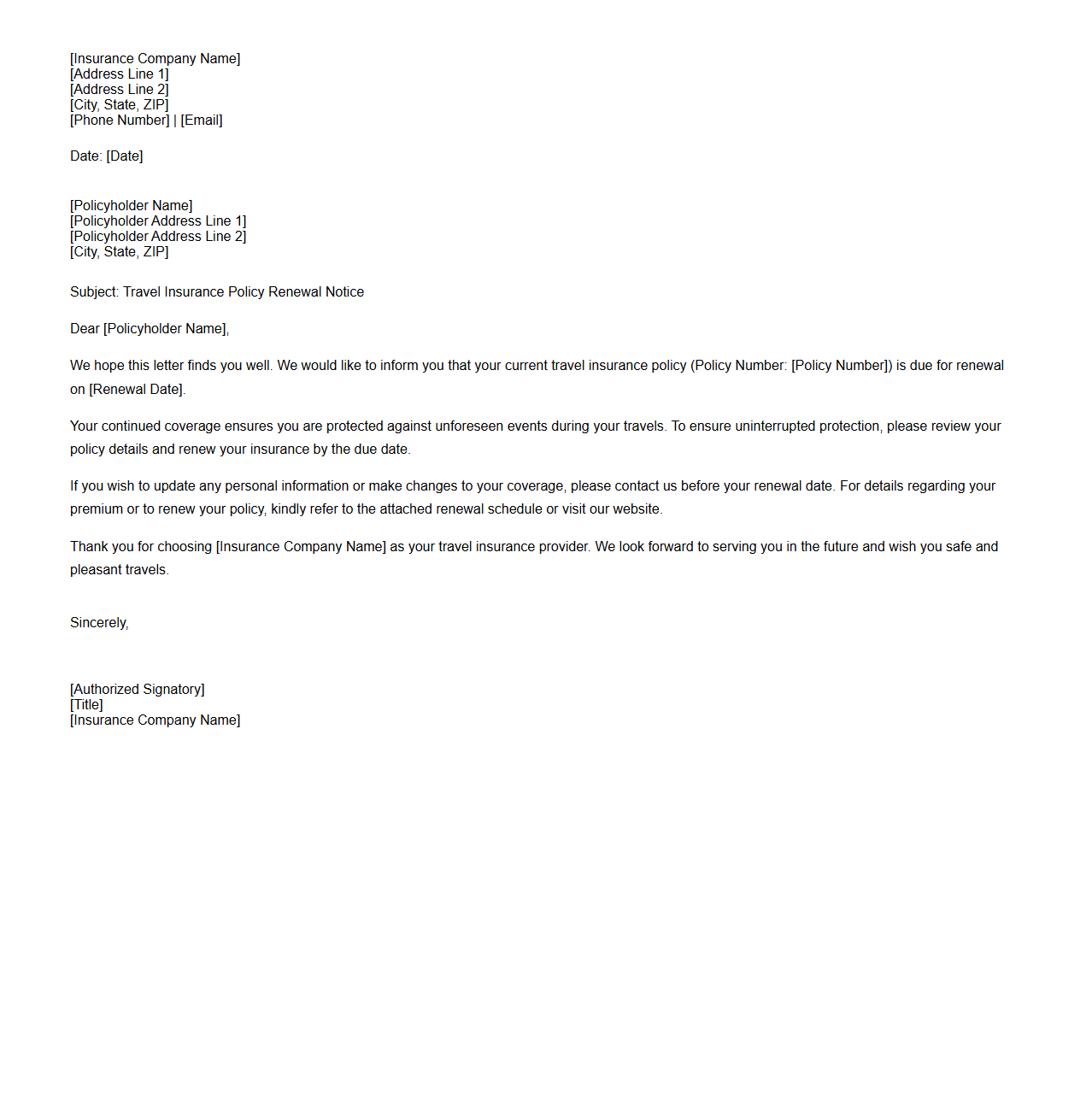 Policyholder Travel Insurance Renewal Letter
