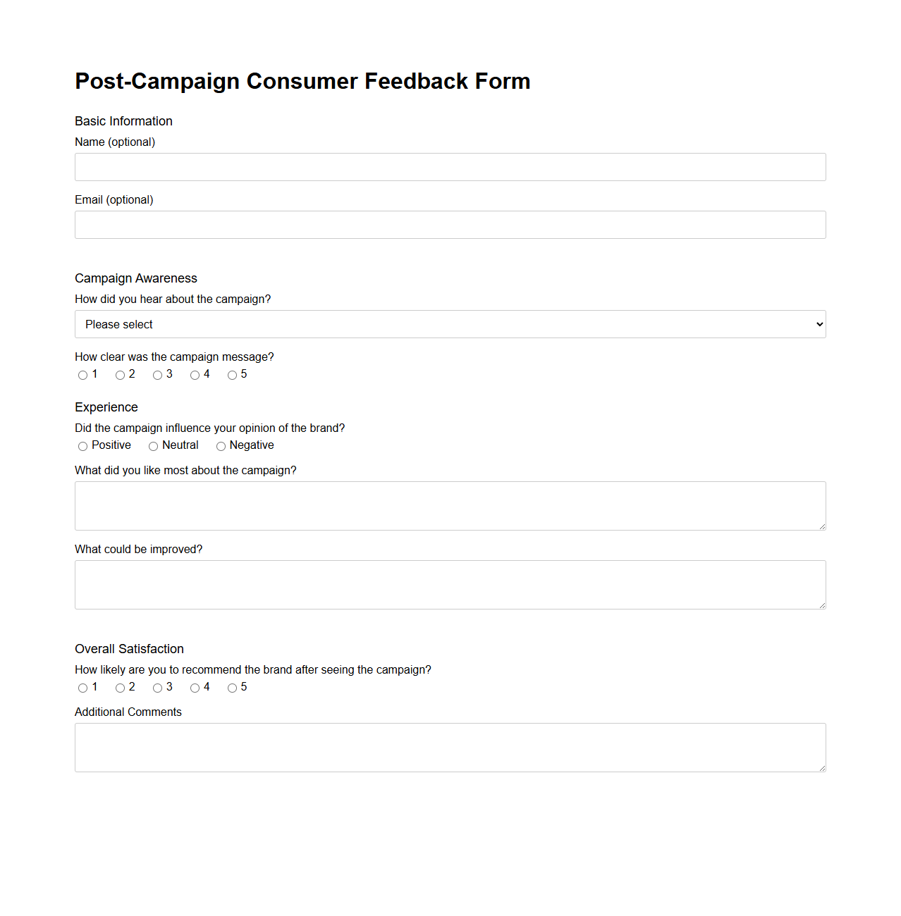 Post-Campaign Consumer Feedback Form Example