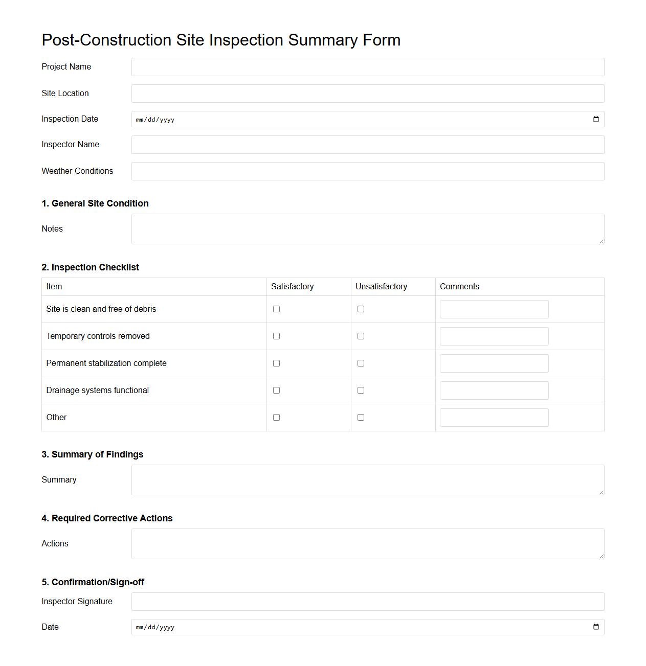 Post-Construction Site Inspection Summary Form