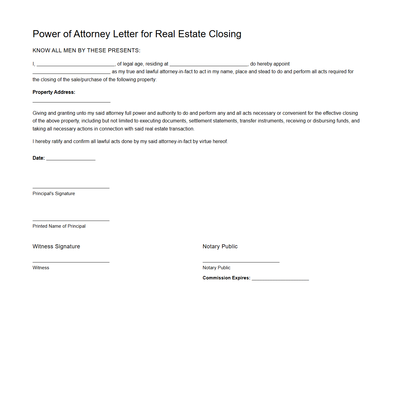 Power of Attorney Letter for Real Estate Closing
